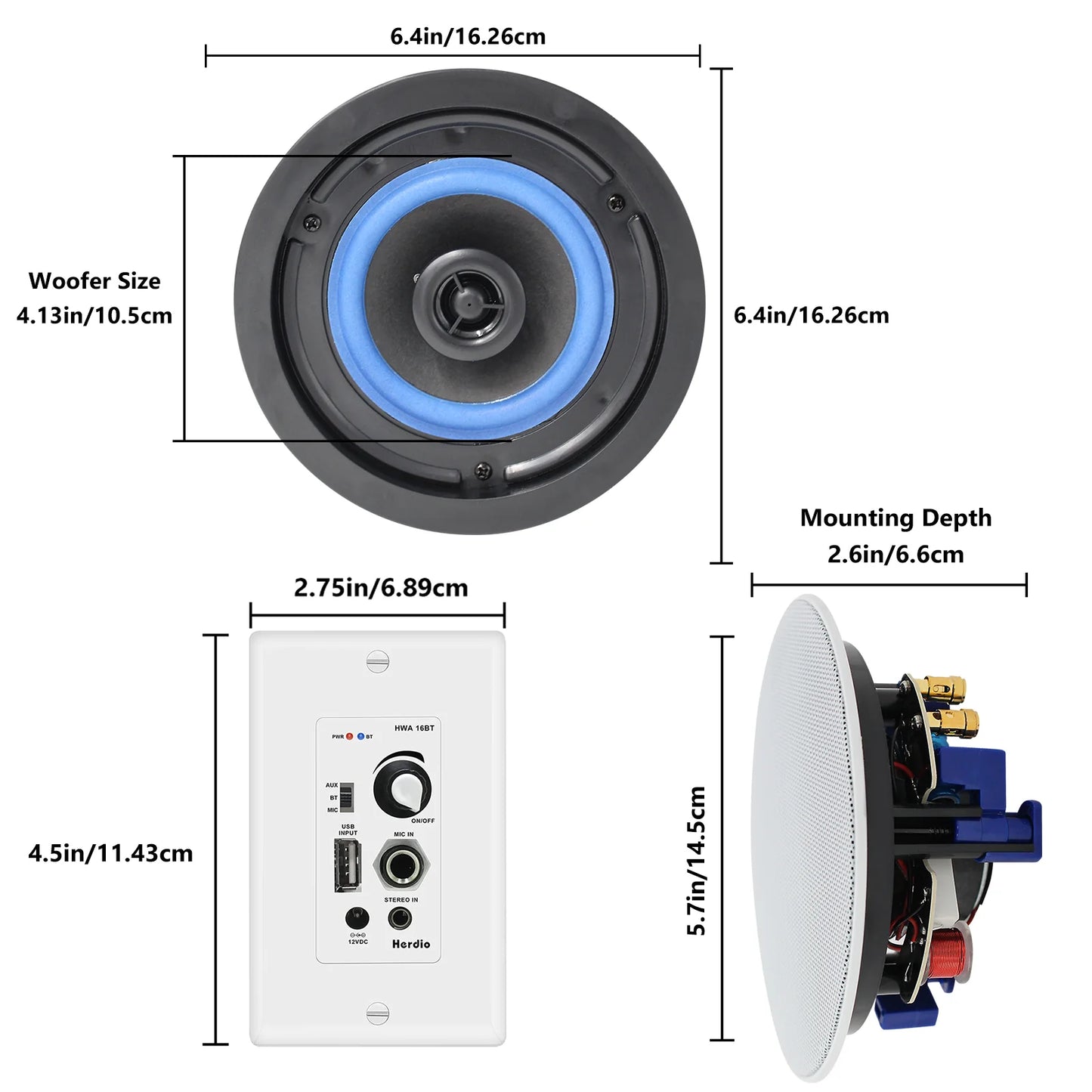 4" Bluetooth ceiling speaker 160W dual channel HCS-418-16BT (one pair)