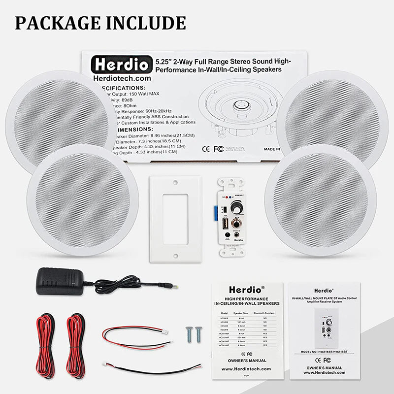 Herdio 5.25" Bluetooth ceiling speaker 600W two-channel HCS-528BT-16BT-4CH (two pairs)