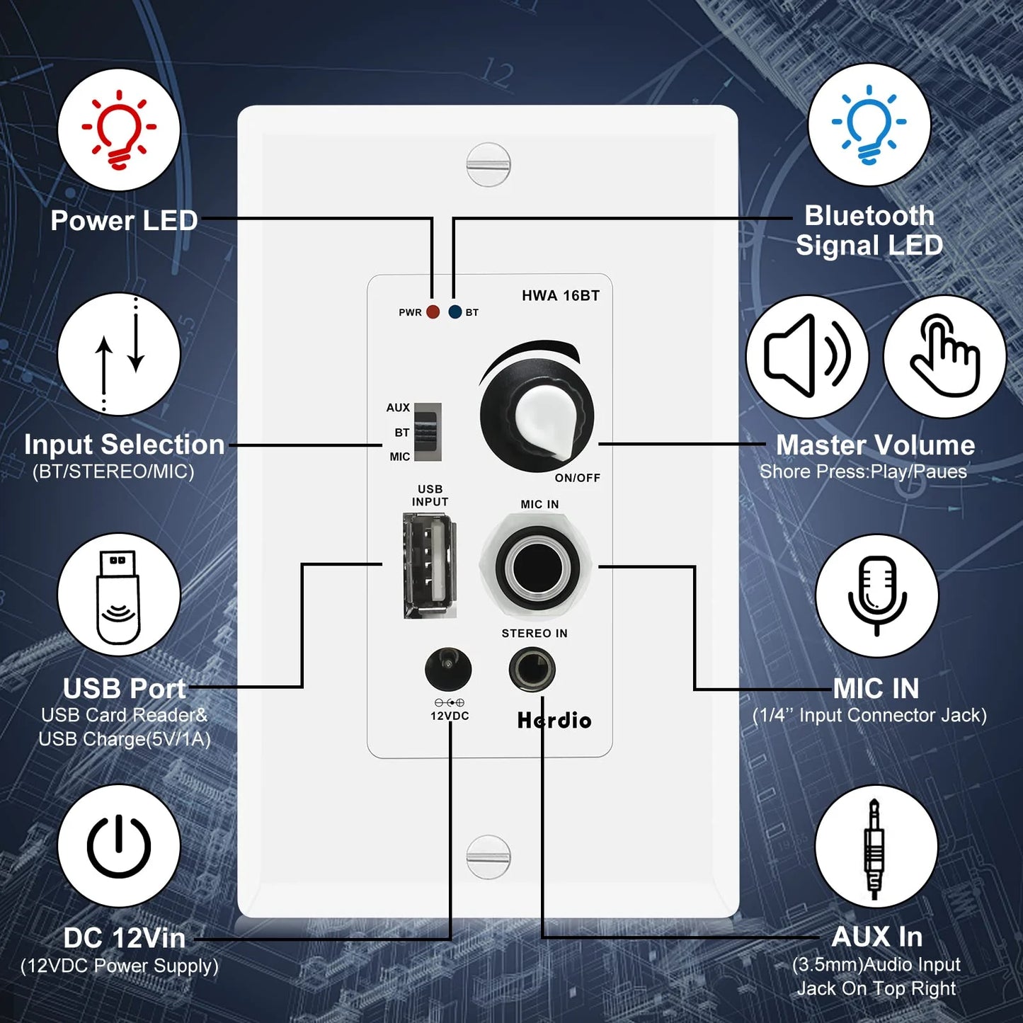 Wall-mounted Bluetooth Speaker 5.25" 300W Dual Channel HOS-501-16BT