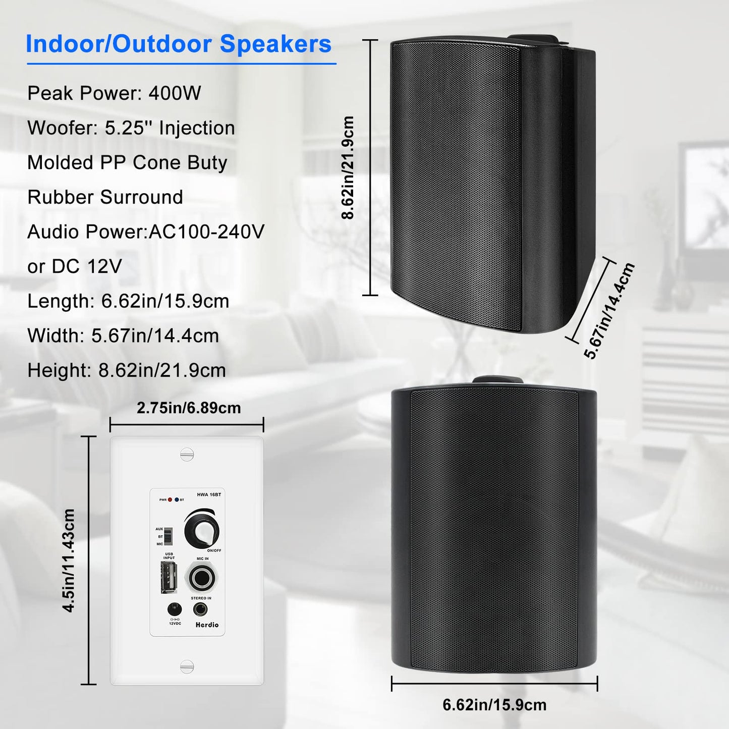 Wall-mounted Bluetooth Speaker 5.25" 300W Dual Channel HOS-501-16BT